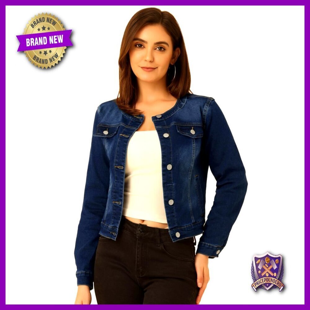 Denim Jacket Collarless Round Neck Button Down Long Sleeve Classic Chic